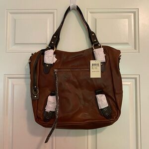 Lucky Brand Buckman Tote in Cognac with zipper close and zip pockets NWT
